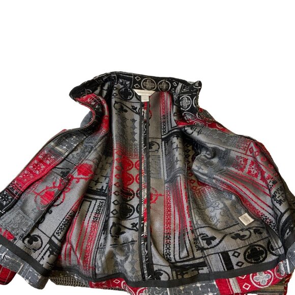 Christopher & Banks Tapestry Blazer Zipper Front women's large red, grey, silver - Picture 6 of 7